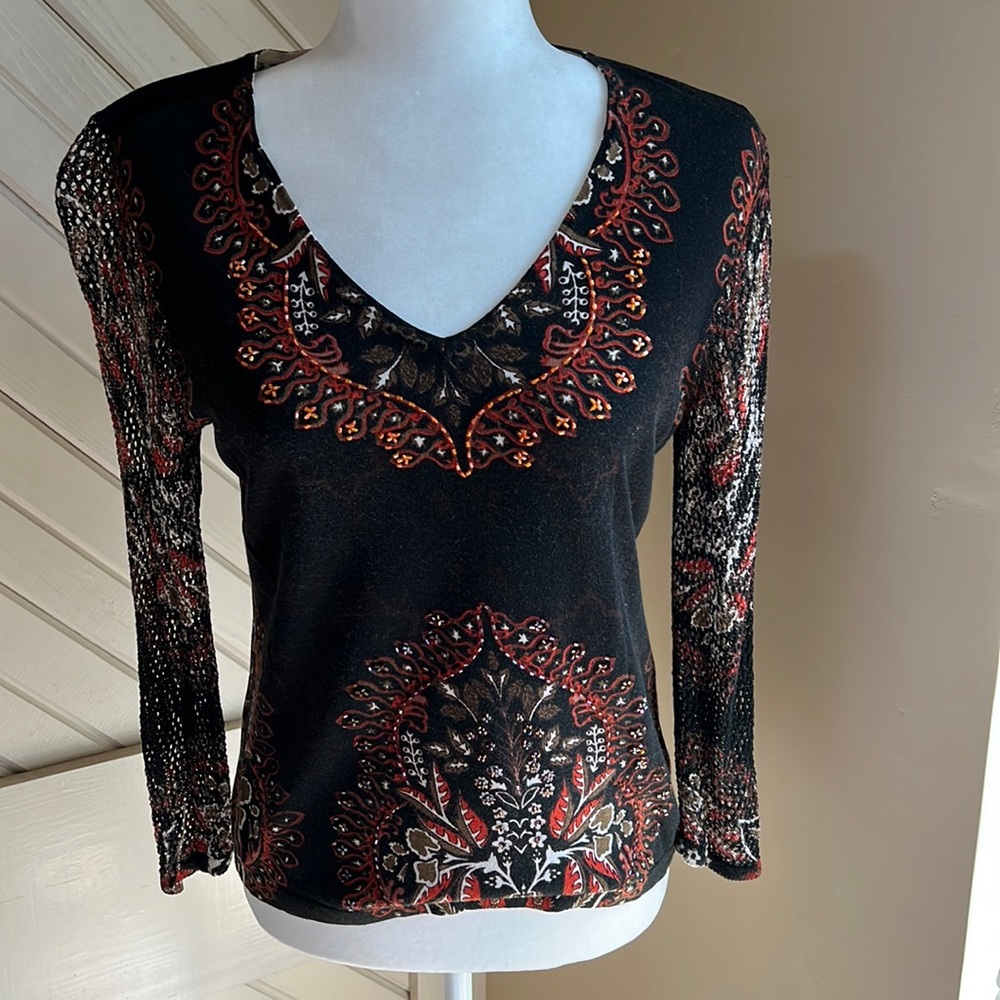 Nygard Collection cotton/nylon beaded pullover top, dk brown with ornate multi.